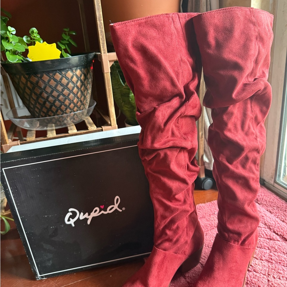 Qupid Red Over the Knee Boots with Stiletto Heel, brand new